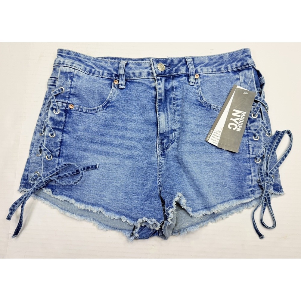 Madden NYC High Rise Lace-Up Cheeky Denim Shorts Women's 12 NWT